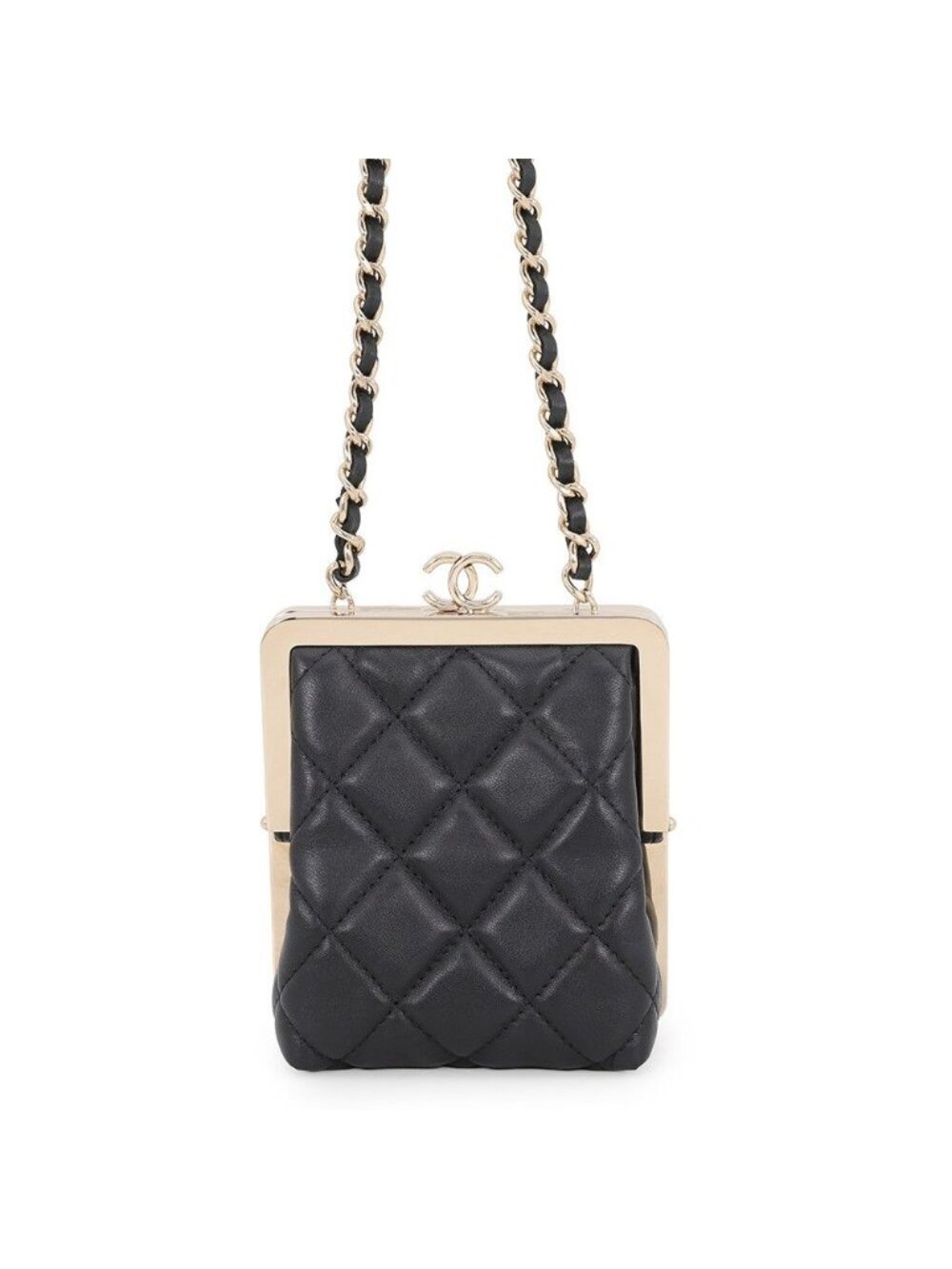 Chanel Chain Shoulder Bag Quilted CC Logo Kiss Lock Mini Lambskin Black